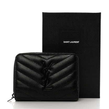 Saint Laurent Grain De Poudre Matelasse Chevron Monogram Monochrome Compact Zip Around Wallet Black 8 of 8