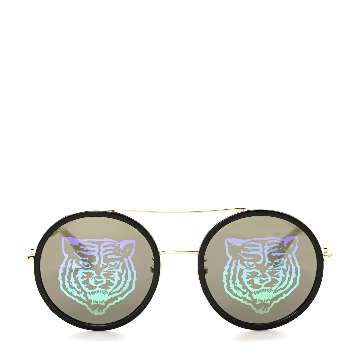Gucci Metal Round Frame Tiger Print Sunglasses GG0061S Gold 2 of 7
