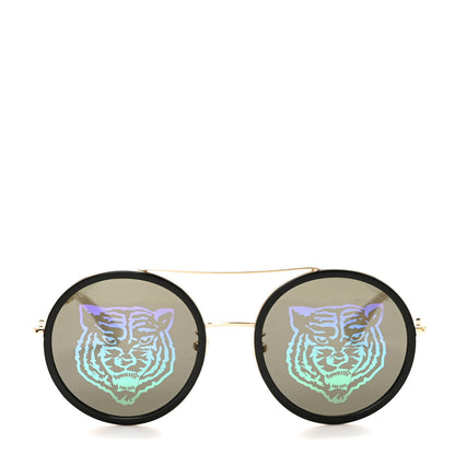 Gucci Metal Round Frame Tiger Print Sunglasses GG0061S Gold 2 of 7