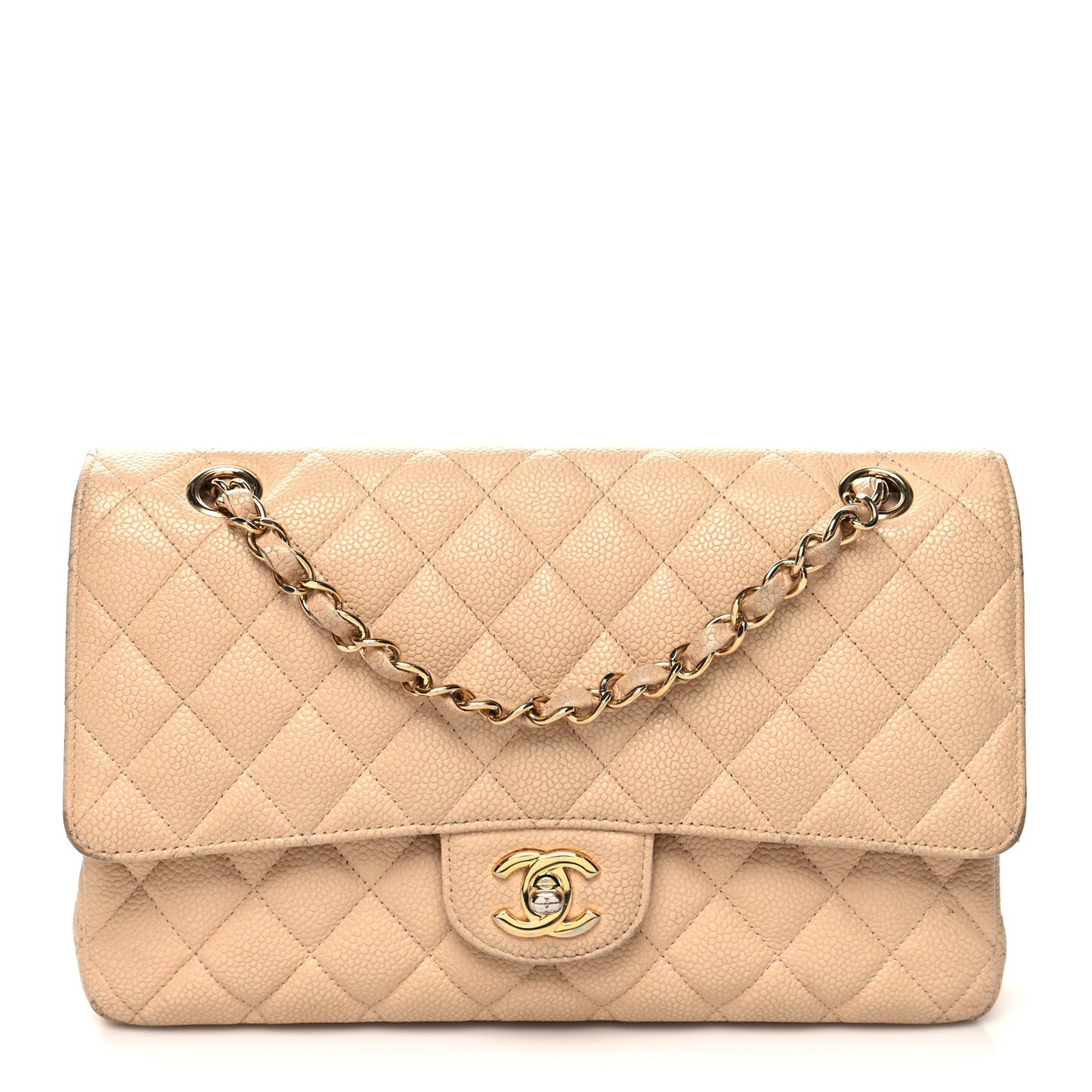 Caviar Quilted Medium Double Flap Beige