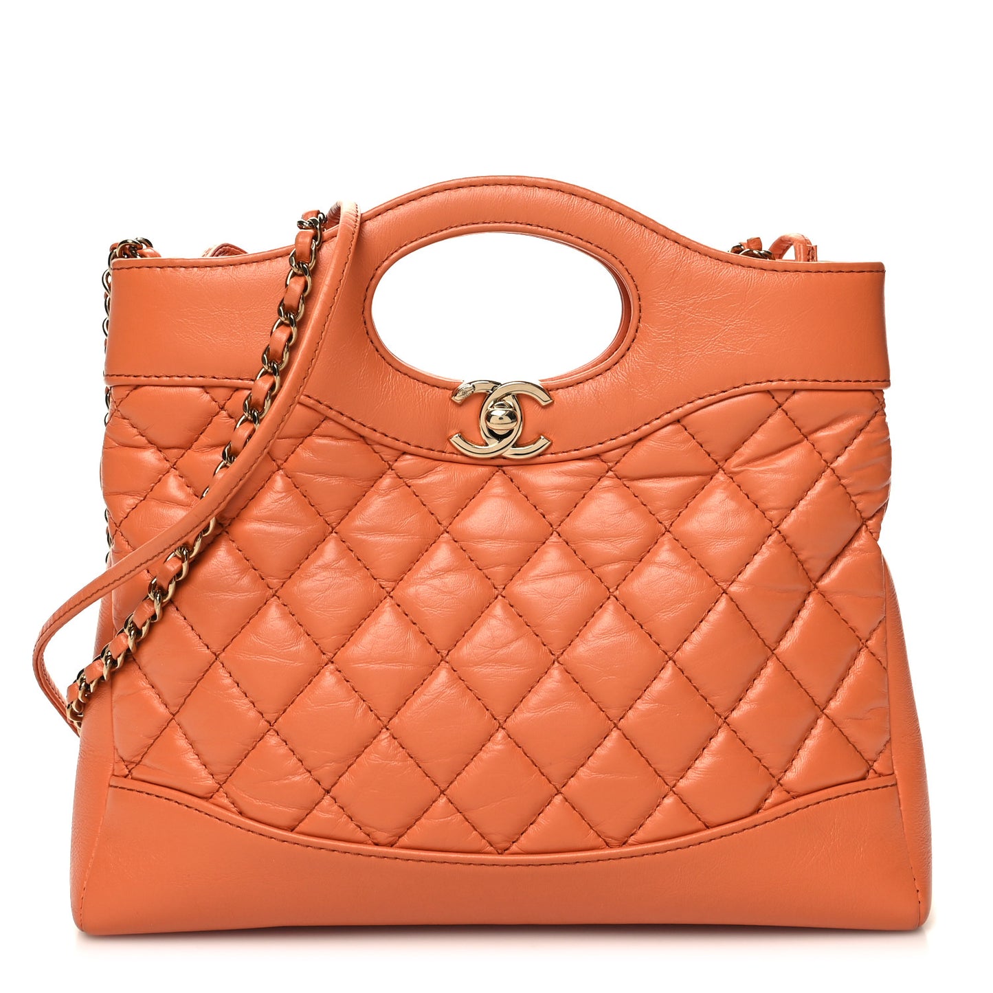 Shiny Crumpled Calfskin Quilted Mini 31 Shopping Bag Orange