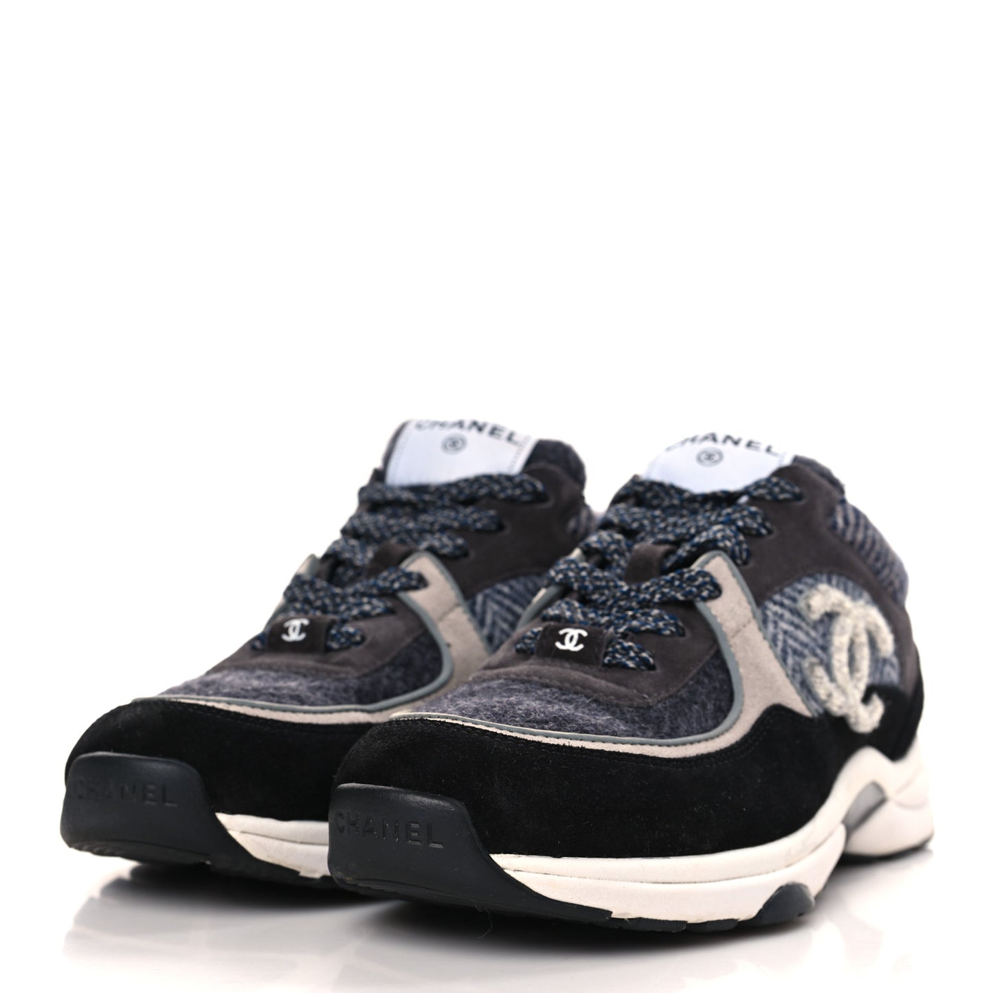 Fabric Suede Calfskin CC Sneakers 39 Black Grey Dark Grey