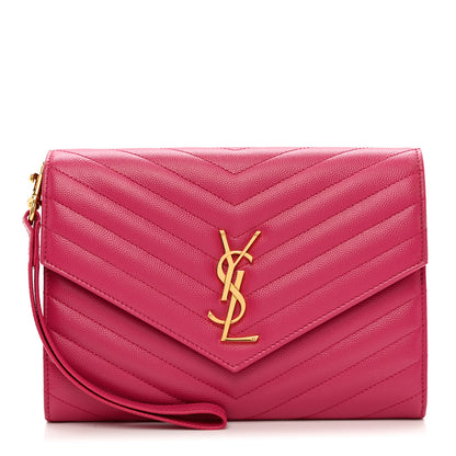 Saint Laurent Grain De Poudre Matelasse Chevron Monogram Envelope Clutch Fuchsia 1 of 7