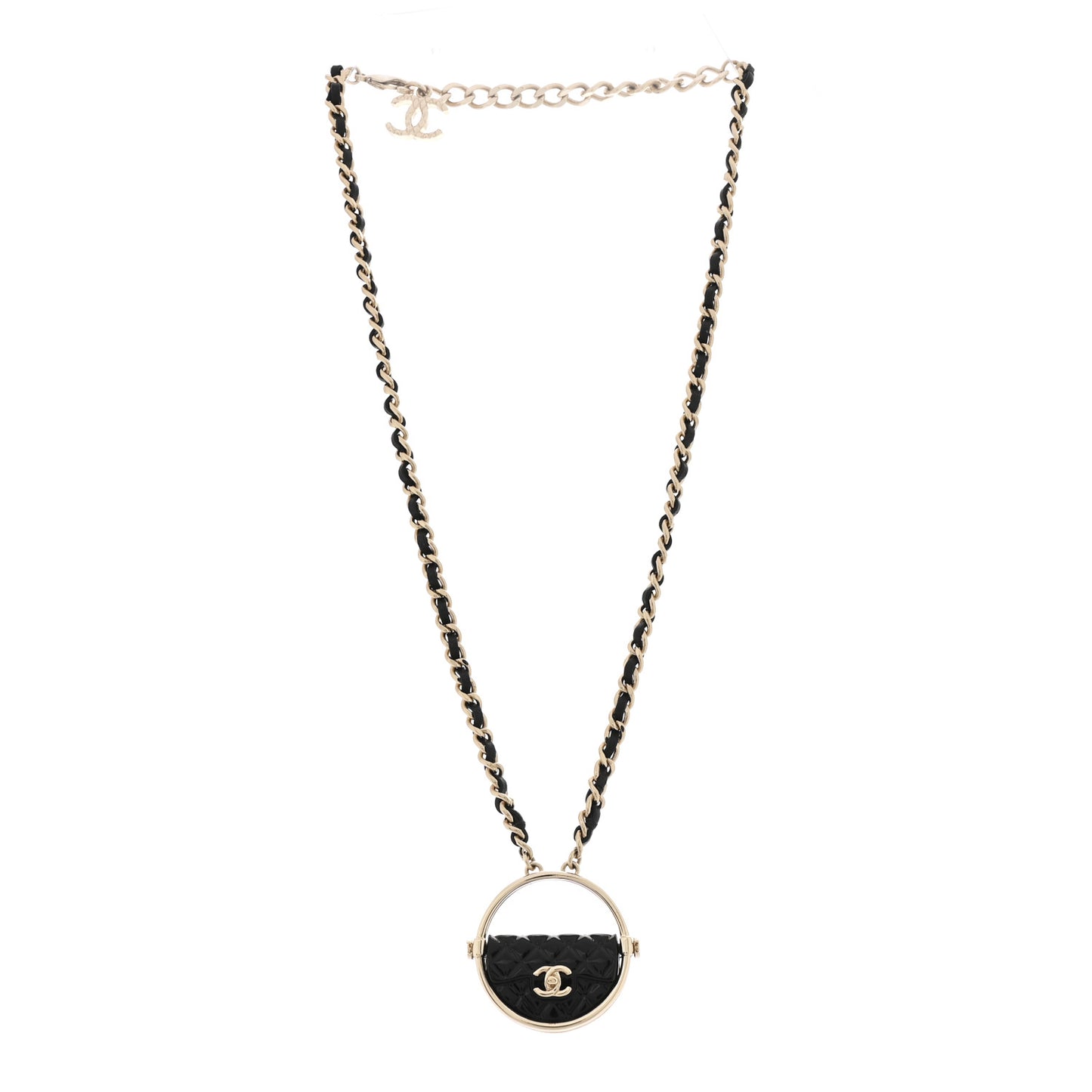 Metal Resin Lambskin Round Flap Necklace Gold Black