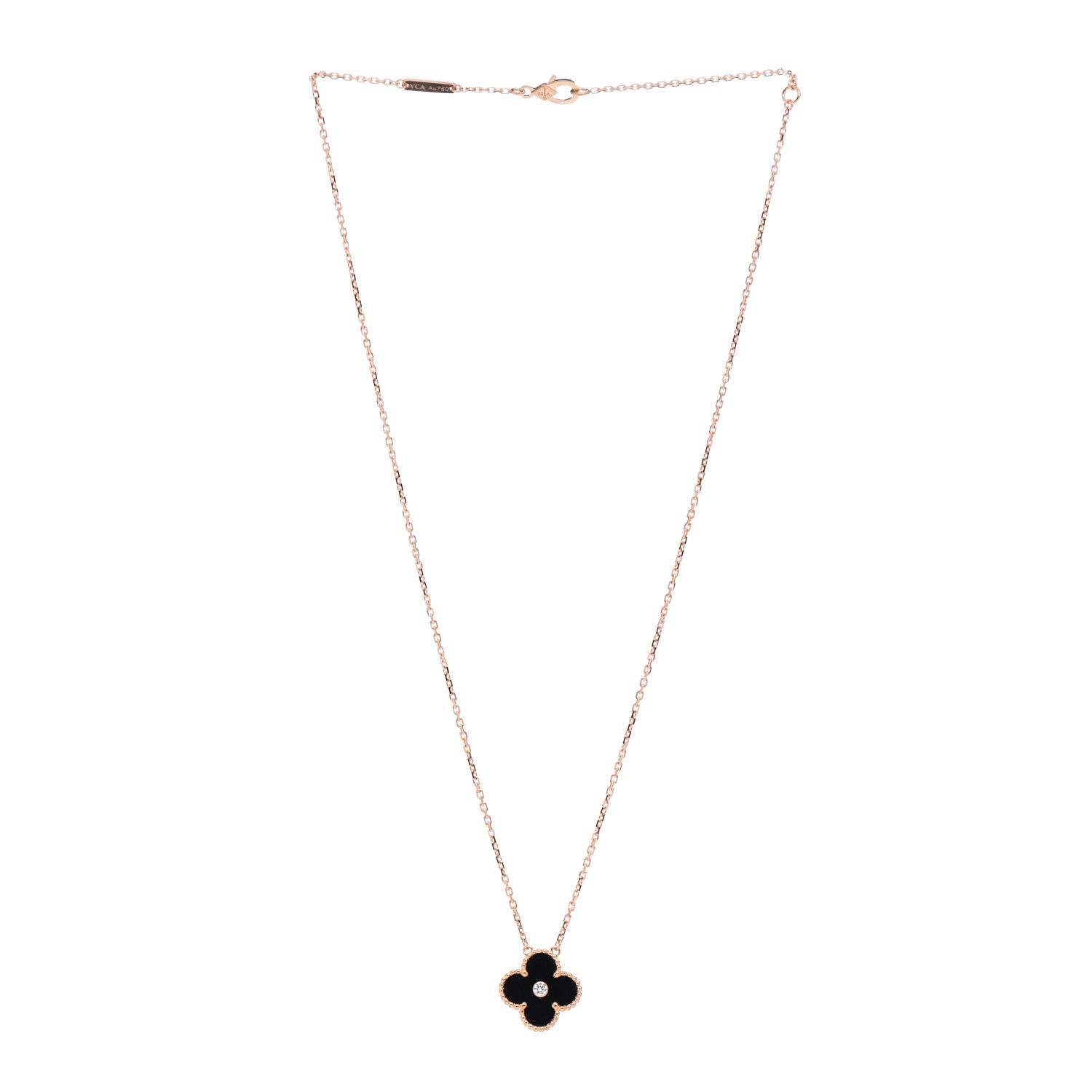 Van Cleef & Arpels 18K Rose Gold Diamond Black Onyx Vintage Alhambra Pendant Necklace 3 of 6