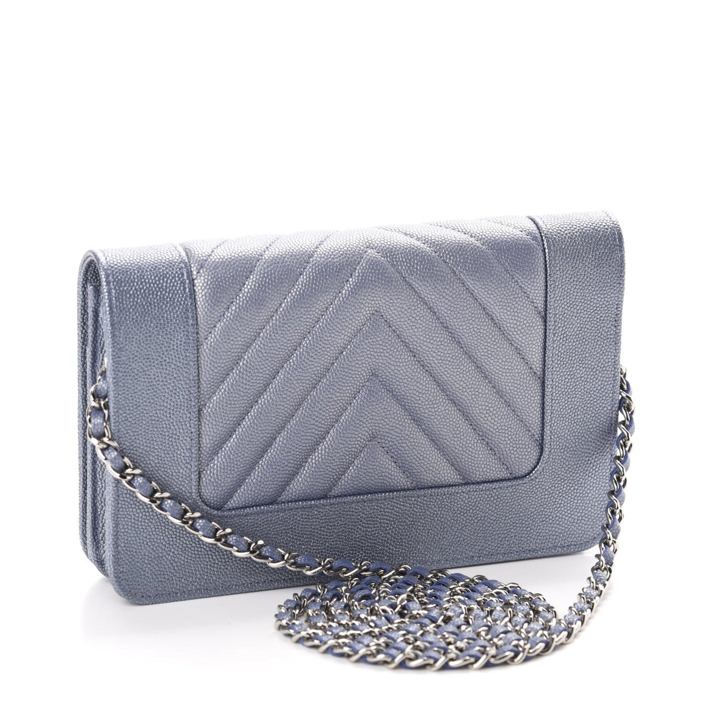 Metallic Caviar Chevron Quilted Vintage Mademoiselle Wallet On Chain WOC Blue