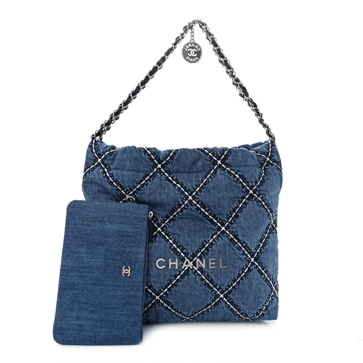 Denim Quilted Stitched Small Chanel 22 Blue