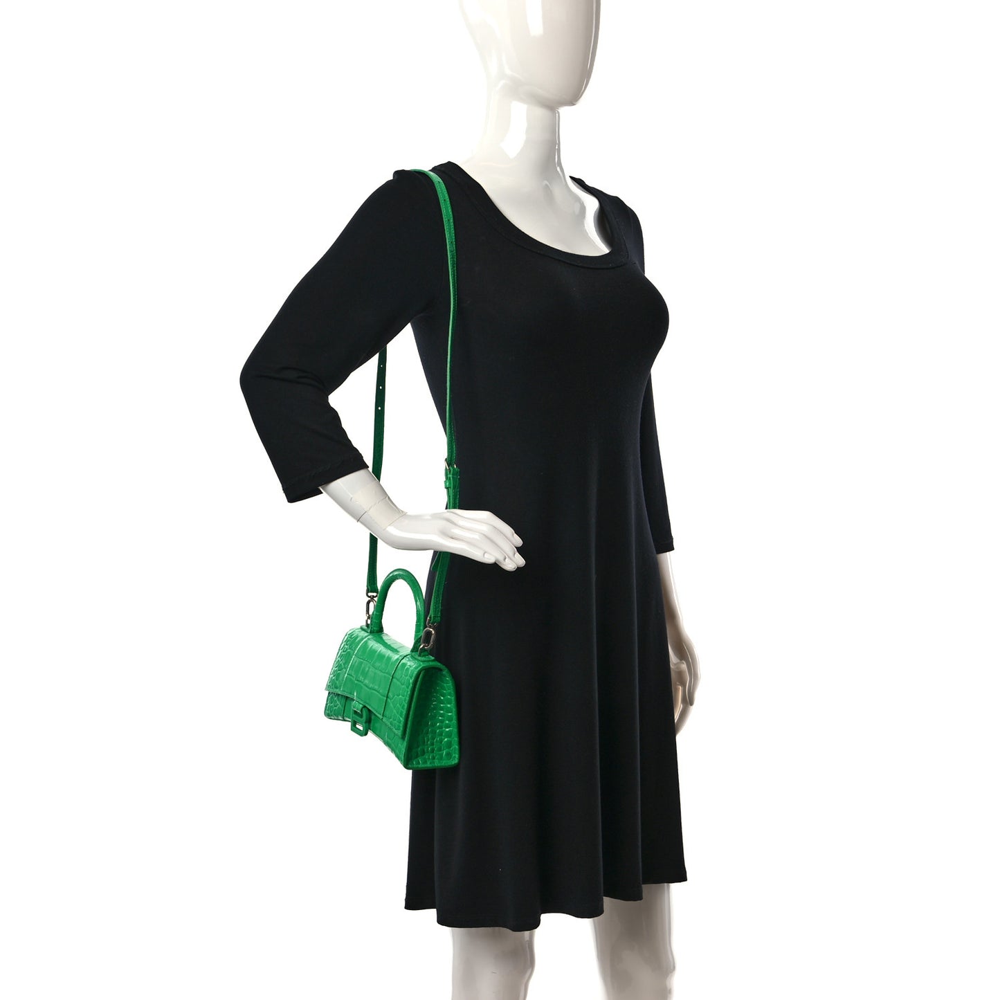 Shiny Calfskin Tonal B Crocodile Embossed Hourglass Top Handle Bag XS Vivid Green