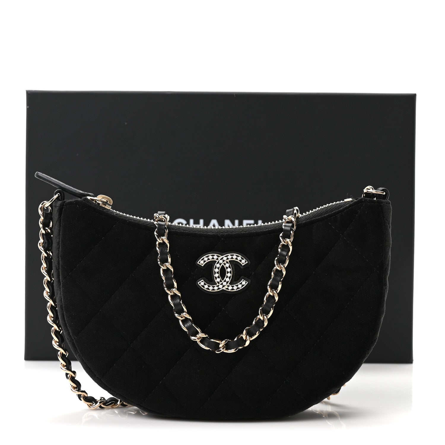 Chanel Velvet Crystal Quilted Chain Hobo Black 11 of 11