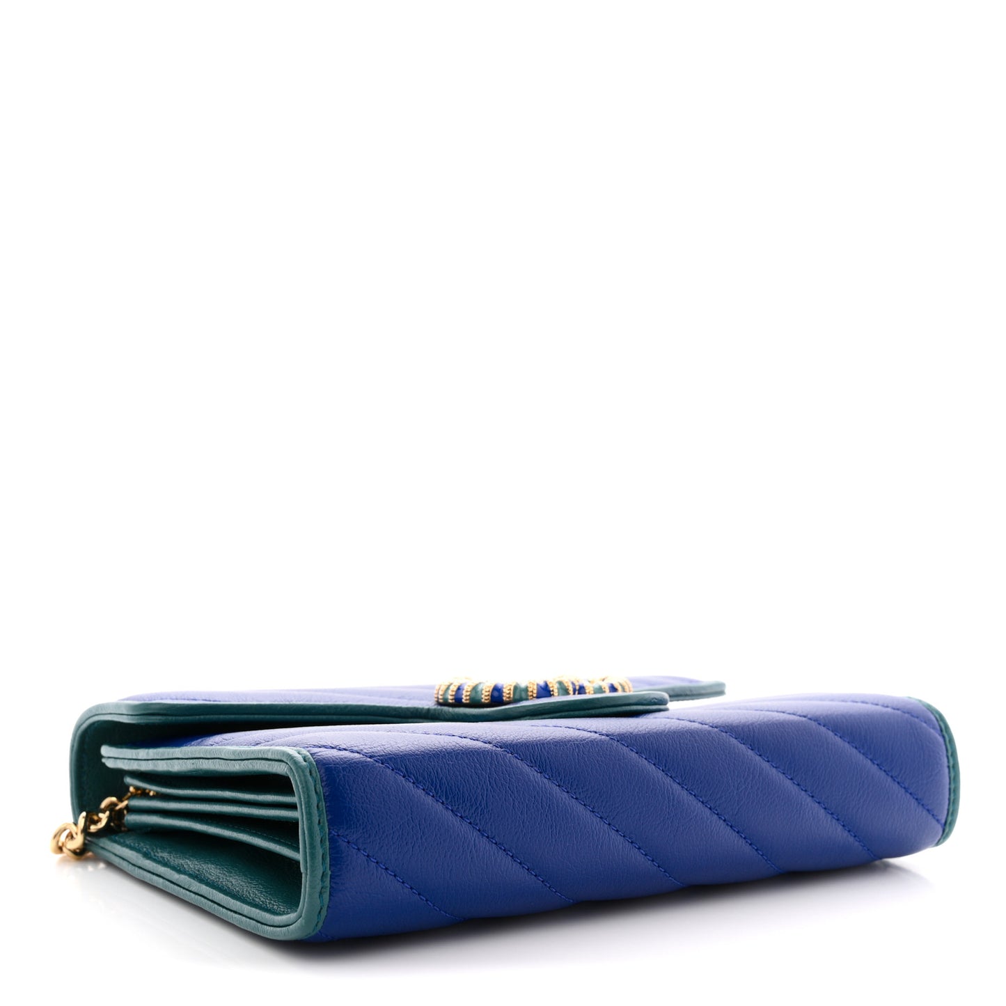 Azalea Calfskin Enamel Matelasse Diagonal Torchon GG Marmont Chain Wallet Imperial Blue Pavone
