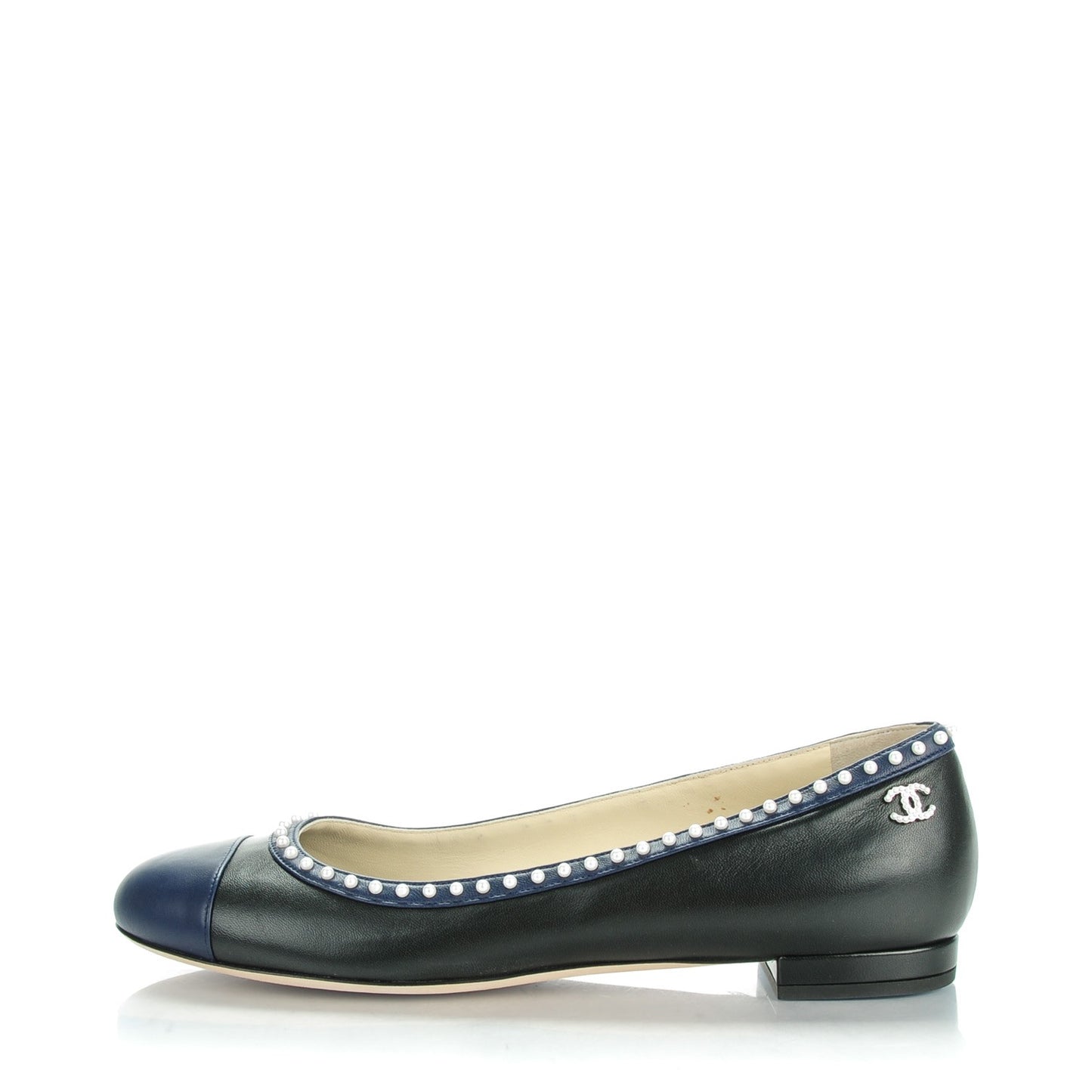 Lambskin Cap Toe Pearl CC Ballerina Flats 40.5 Black Navy