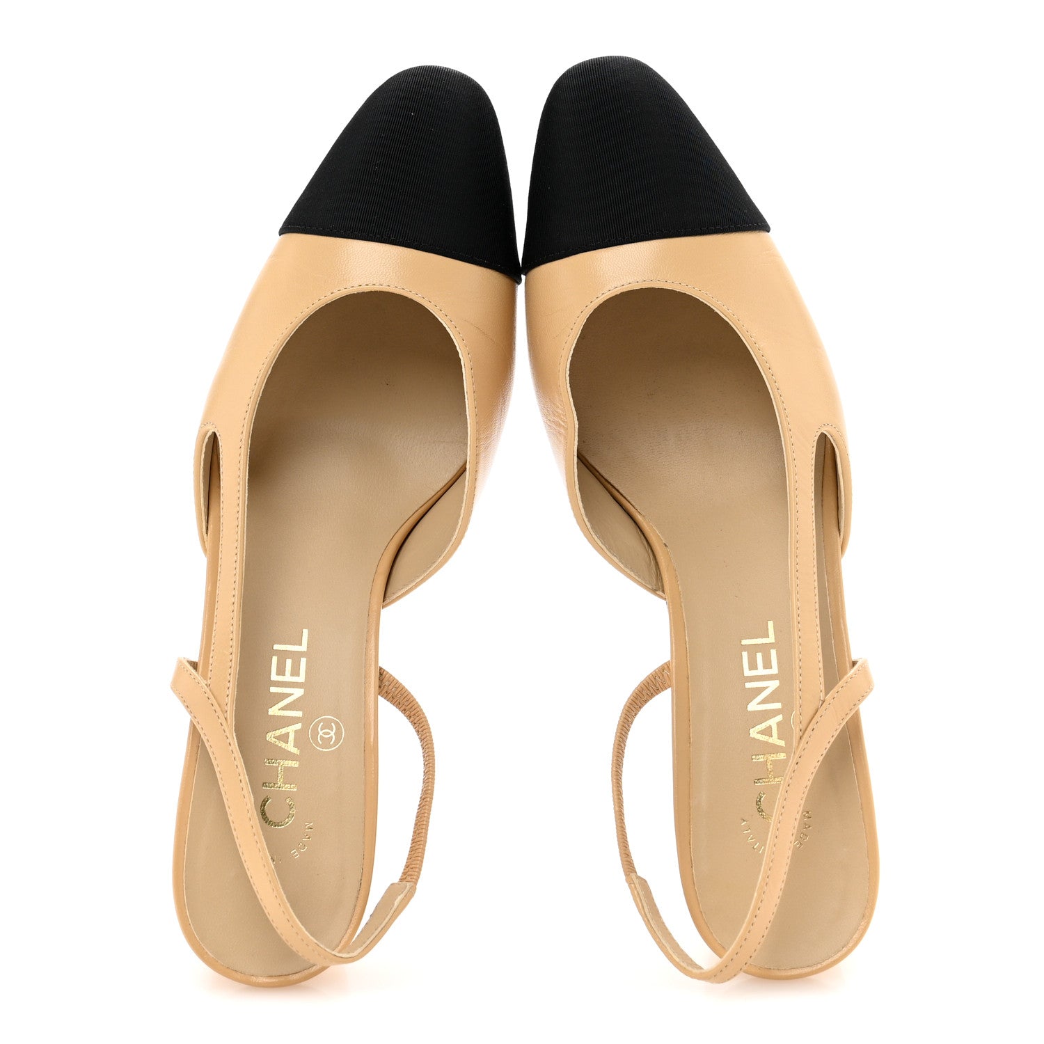 Chanel Goatskin Grosgrain Cap Toe CC Slingback Pumps 39 Beige Black 2 of 10