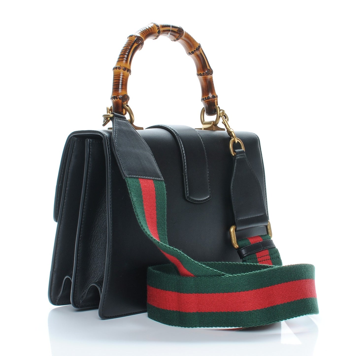 Moon Calfskin Web Medium Dionysus Bamboo Top Handle Bag Black Bright Evergreen Hibiscus Red
