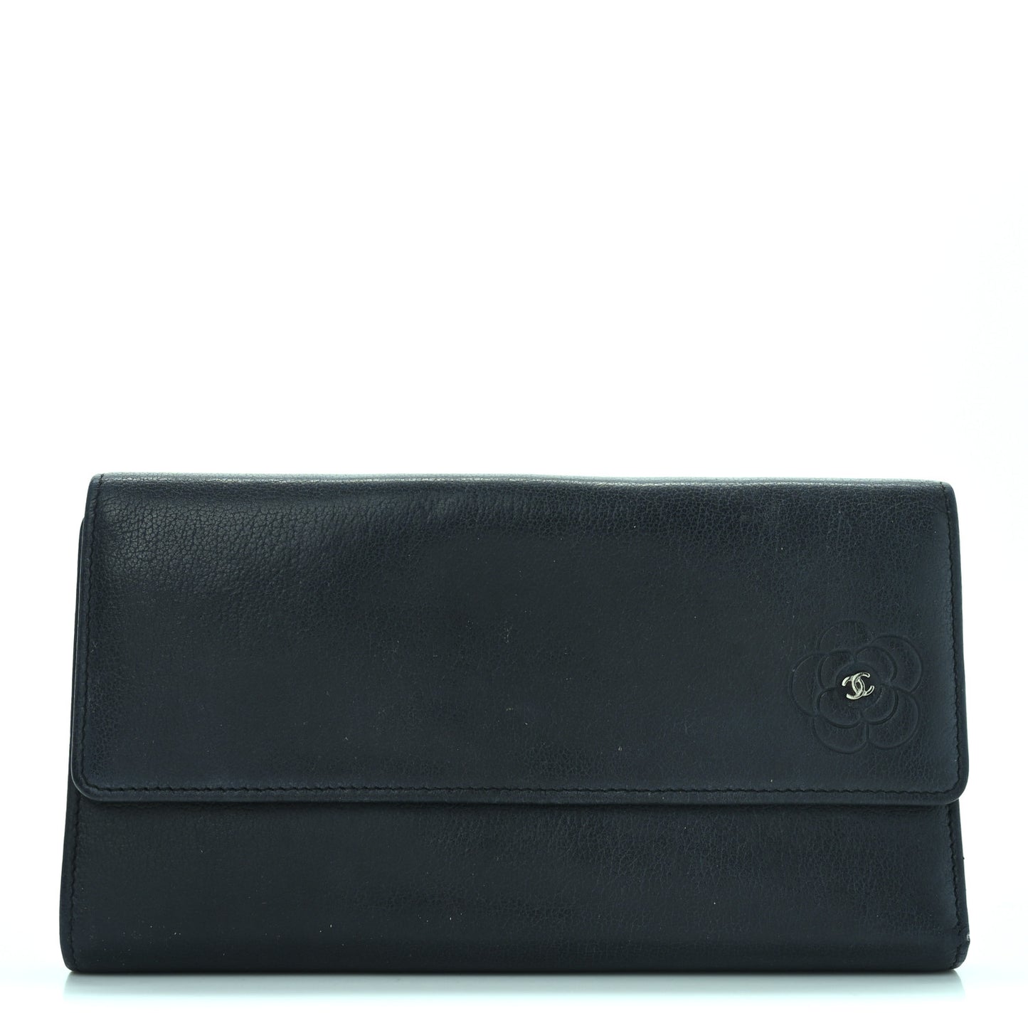Goatskin Camellia Embossed Flap Wallet Black