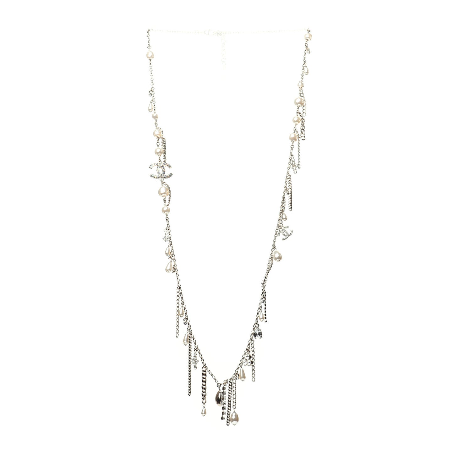 Pearl Crystal CC Long Necklace Gold