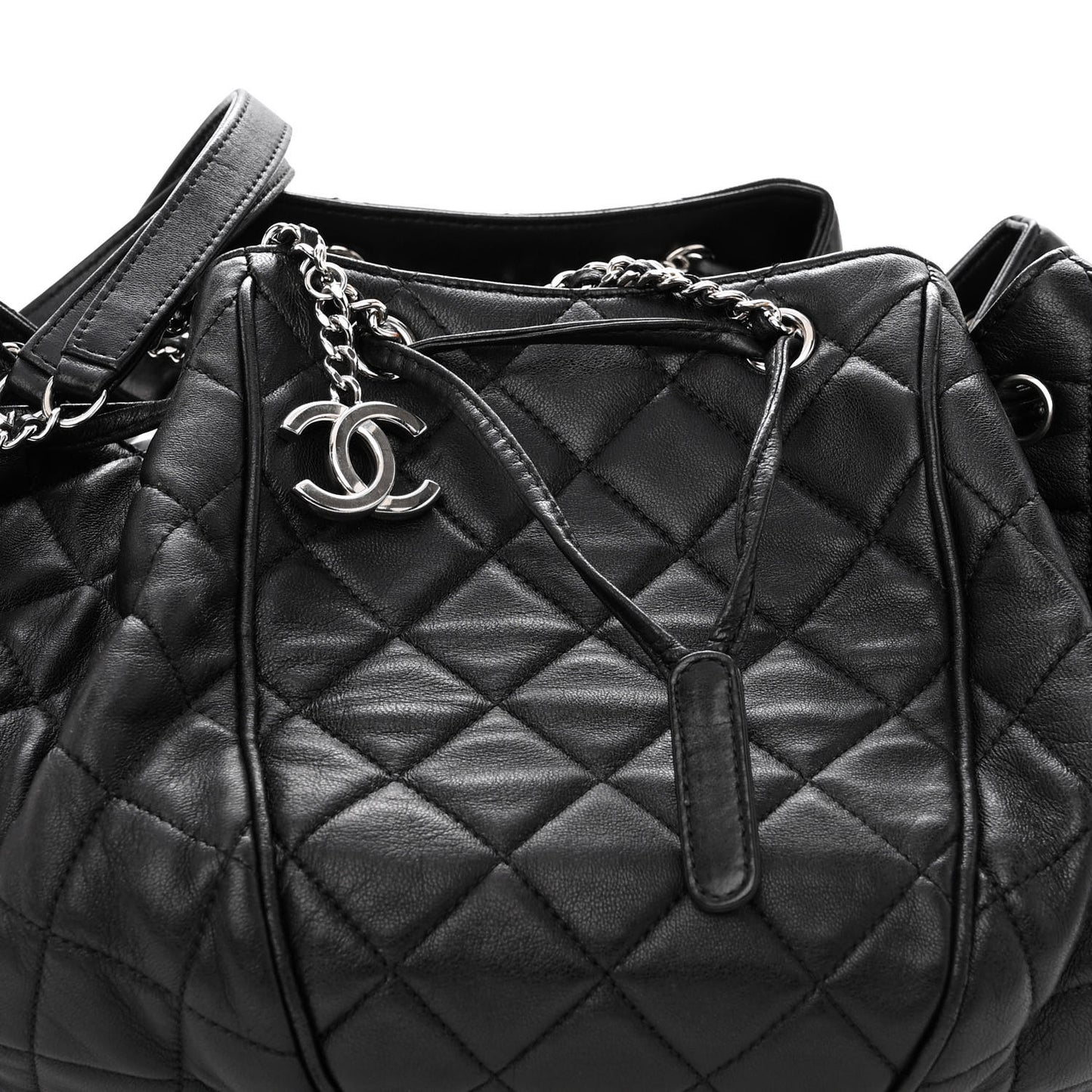 Calfskin Quilted Drawstring Sac Cordon Bag Black