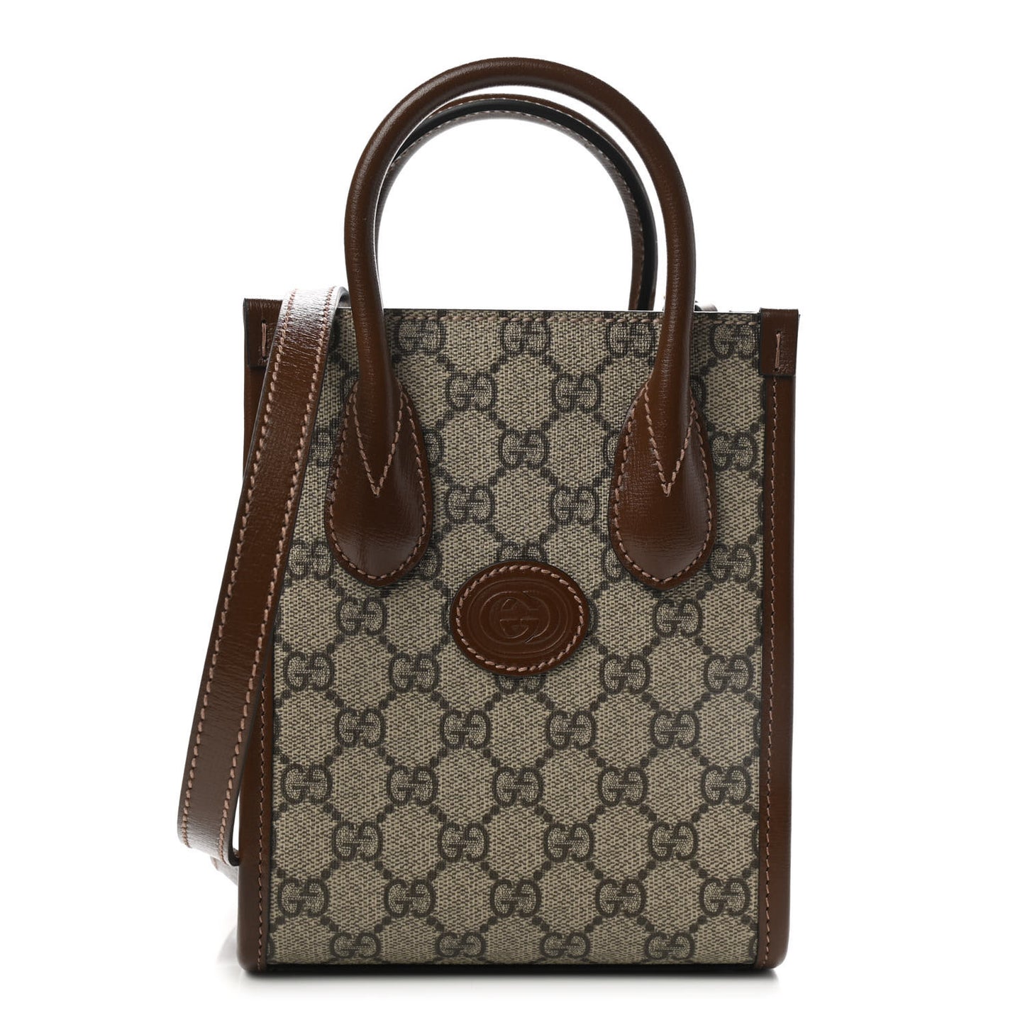 GG Supreme Monogram Azalea Calfskin Mini Retro Interlocking G Tote Bag Beige Ebony Brown Sugar