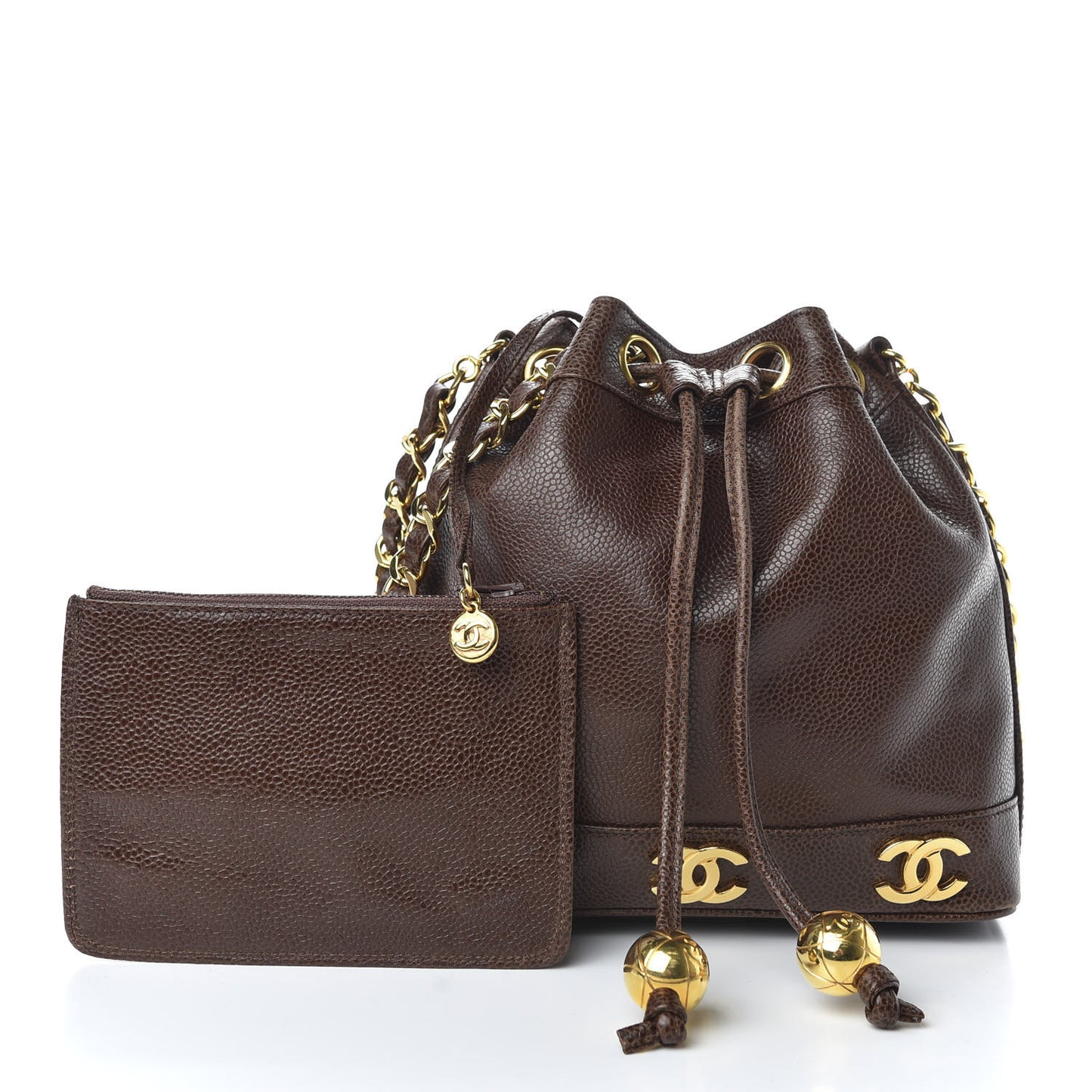 Caviar Drawstring Bucket Bag Brown