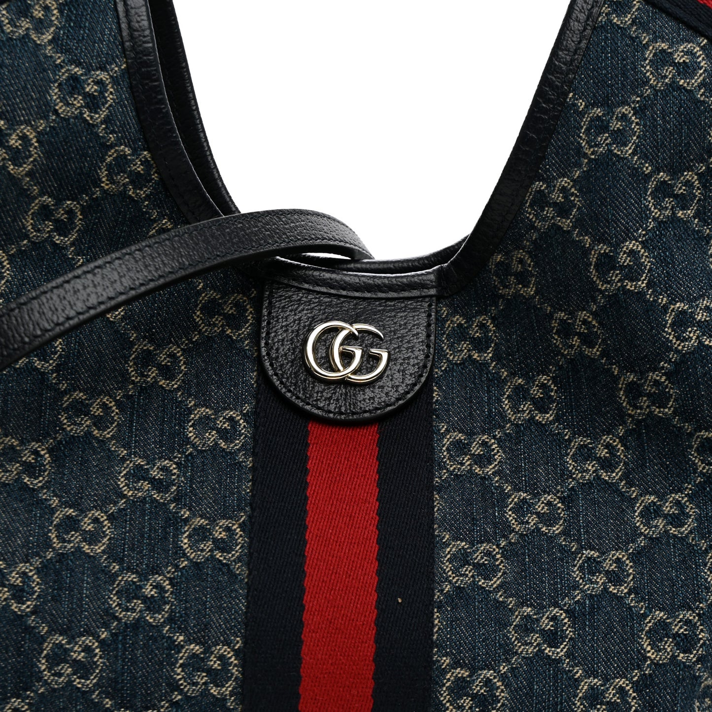 Denim GG Monogram Web Small Giglio Tote Blue White