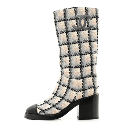 Chanel Wool Tweed Calfskin Cap Toe High Boots 36 Black Ivory Beige Grey 1 of 9