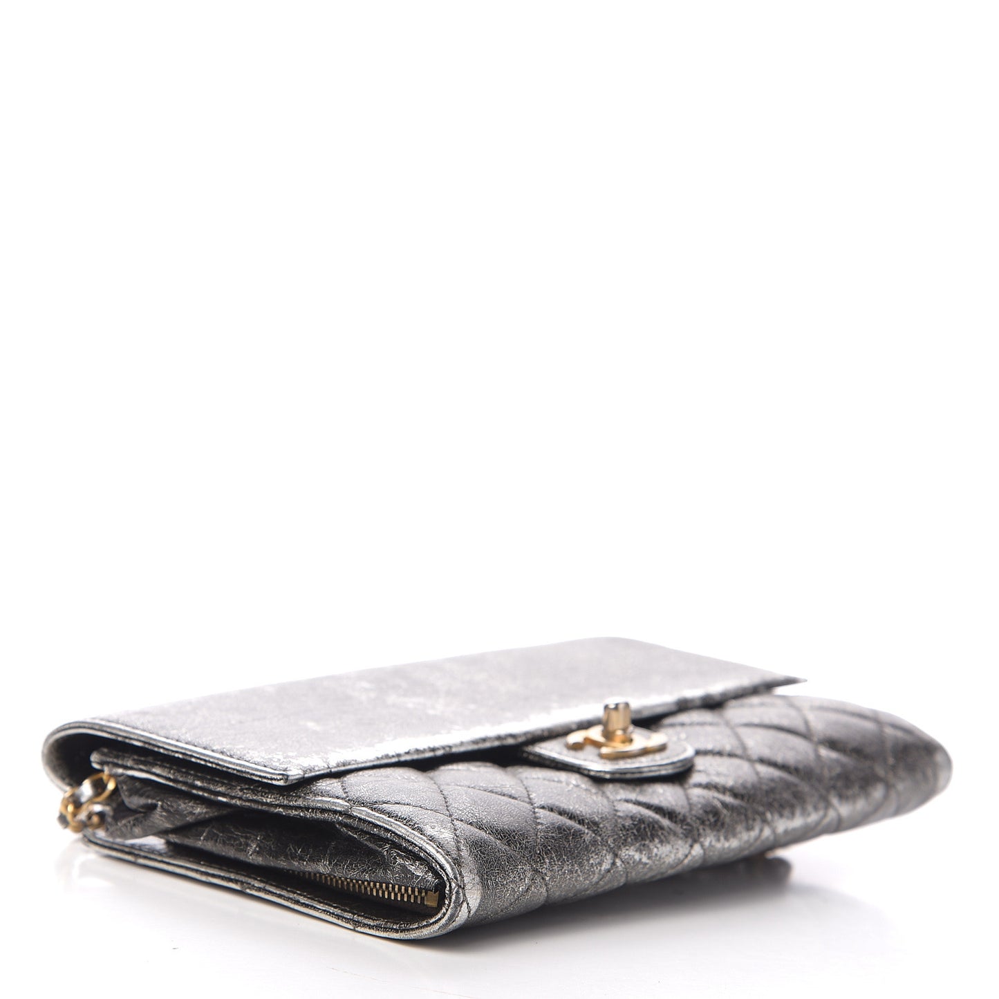 Cracked Metallic Calfskin Quilted Zip Away Chain Clutch Dark Silver