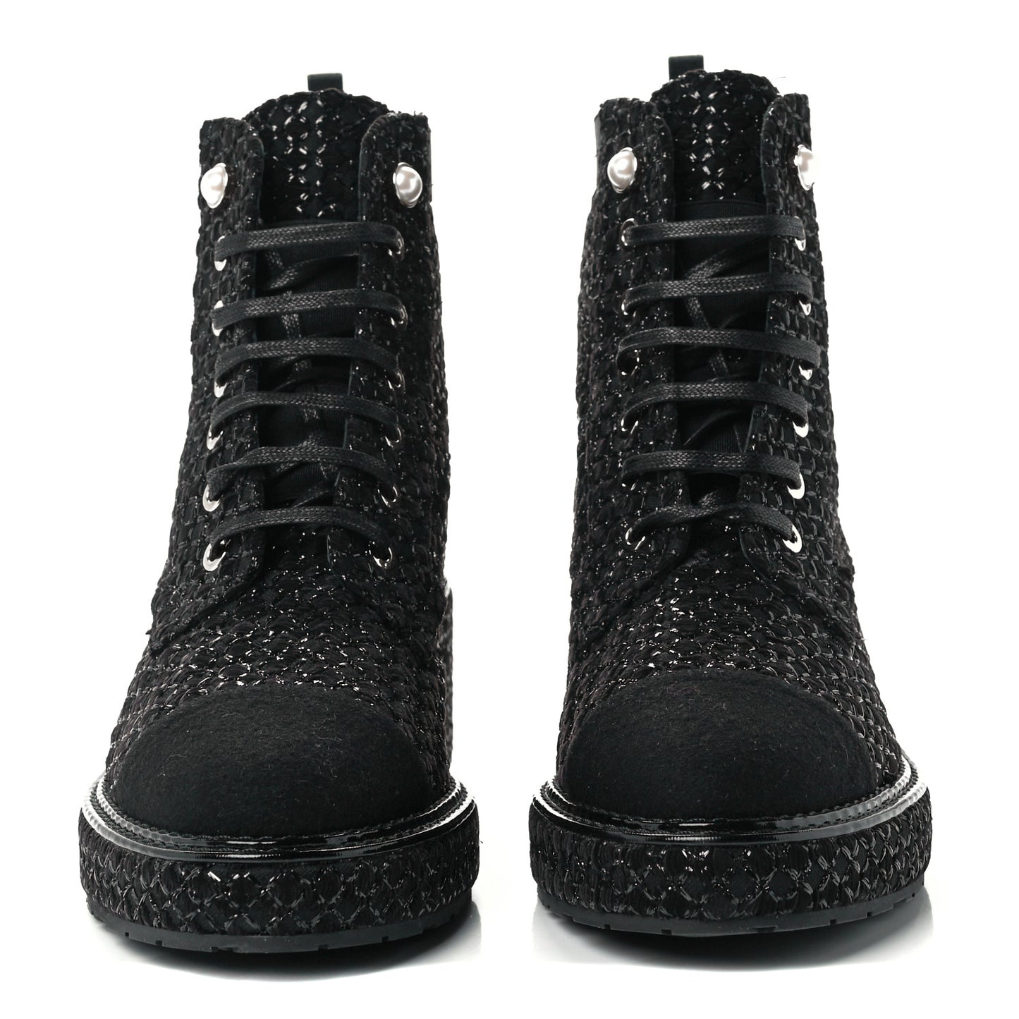 Tweed Grosgrain Fabric Lace Up Combat Boots 37 Black