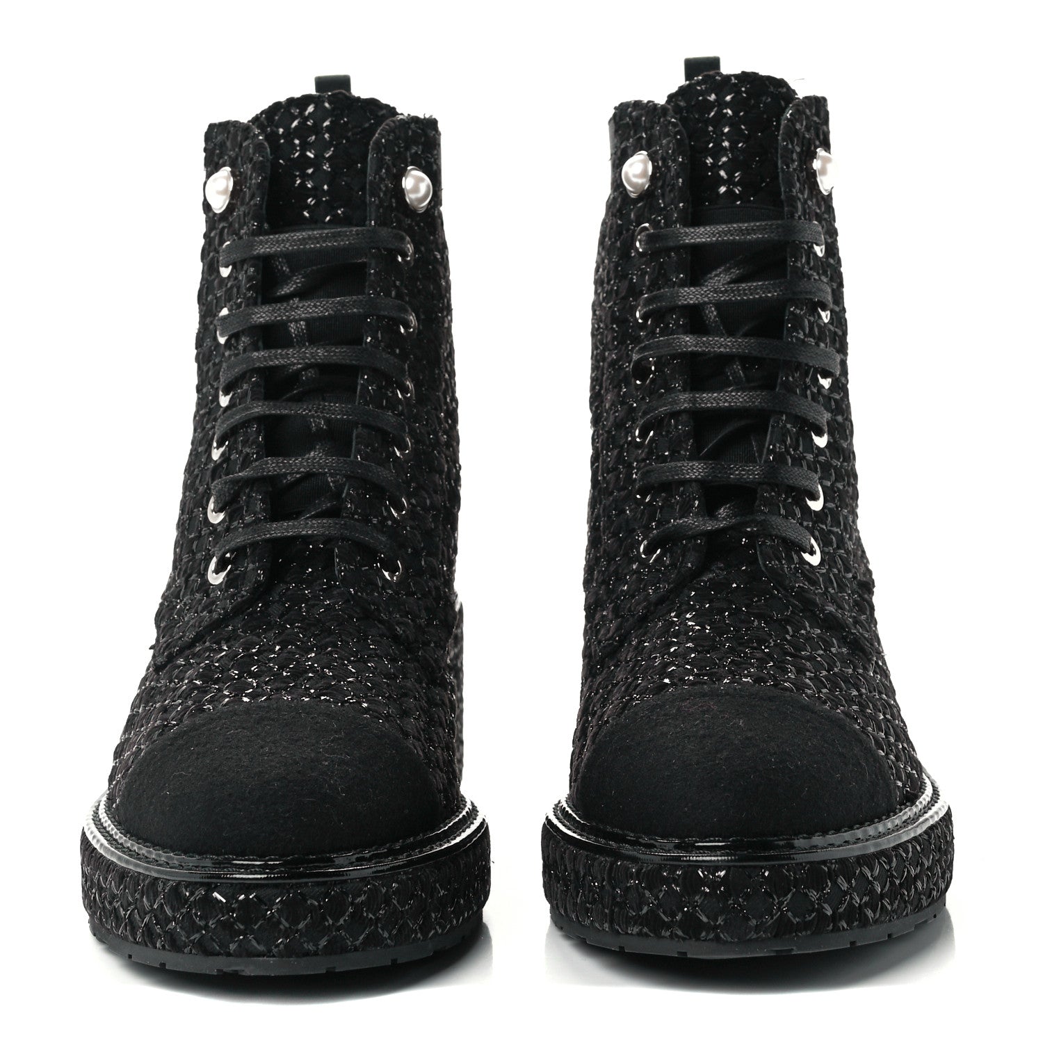 Chanel Tweed Grosgrain Fabric Lace Up Combat Boots 37 Black 2 of 10