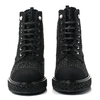 Chanel Tweed Grosgrain Fabric Lace Up Combat Boots 37 Black 2 of 10
