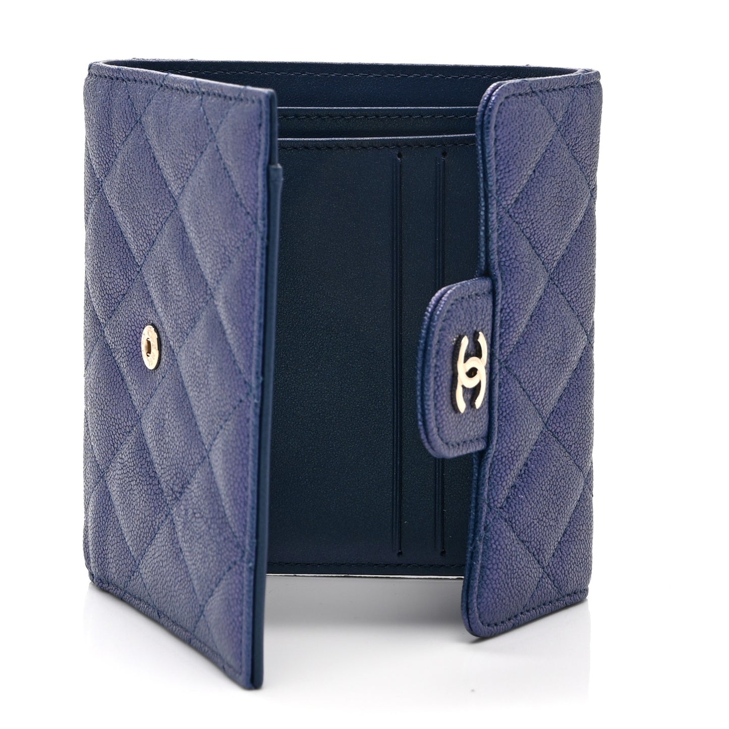 Iridescent Caviar Flap Quilted Card Holder Wallet Dark Blue