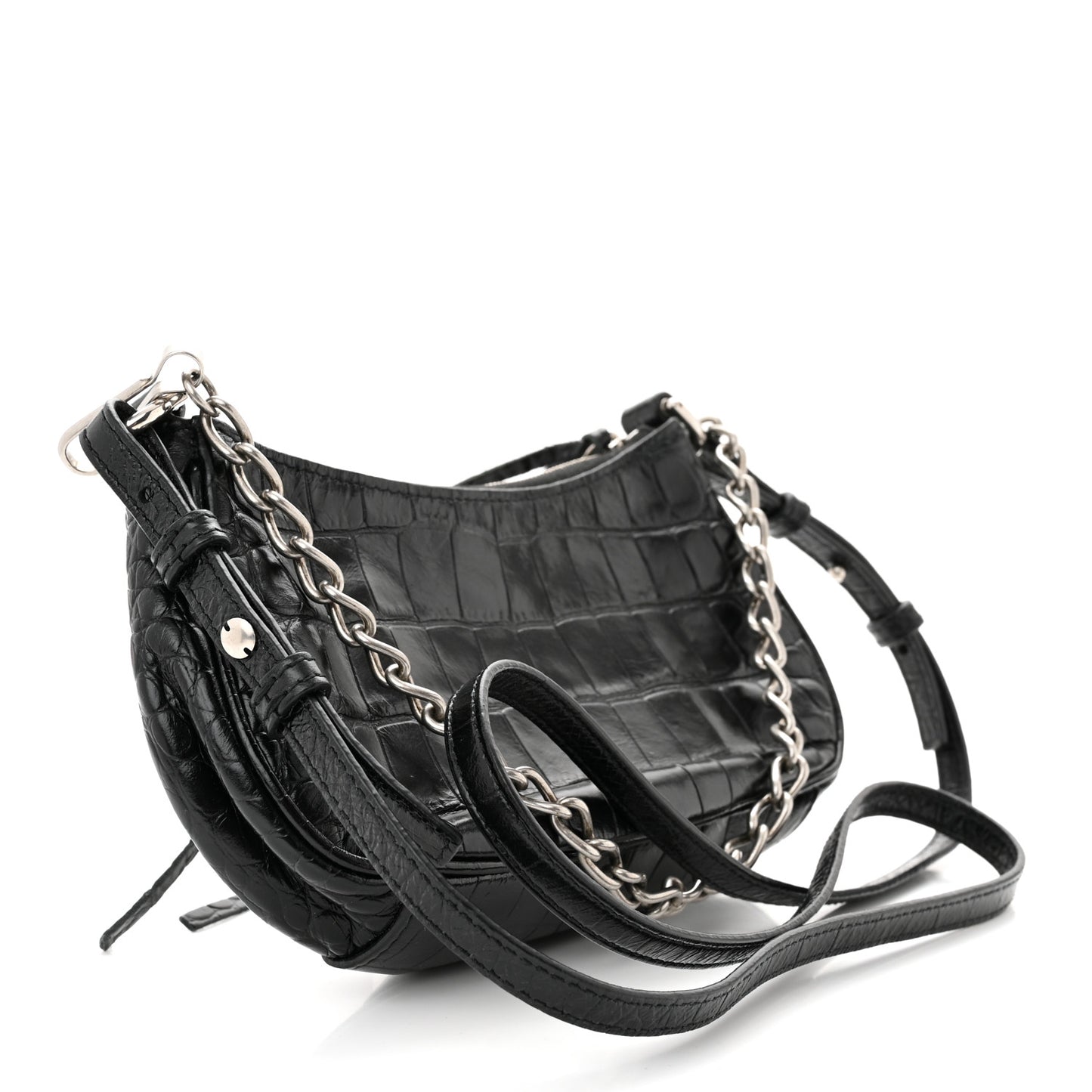 Extra Supple Calfskin Crystal Crocodile Embossed Le Cagole Mini Purse With Chain Black