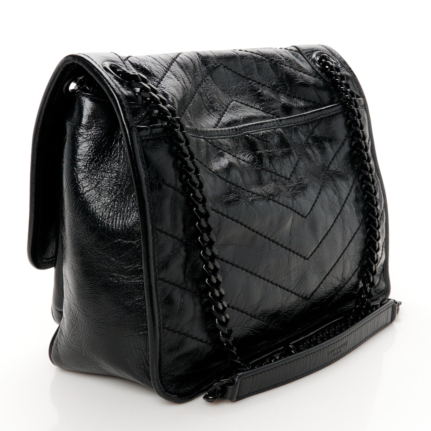 Crinkled Calfskin Matelasse Monogram Medium Niki Chain Satchel Black