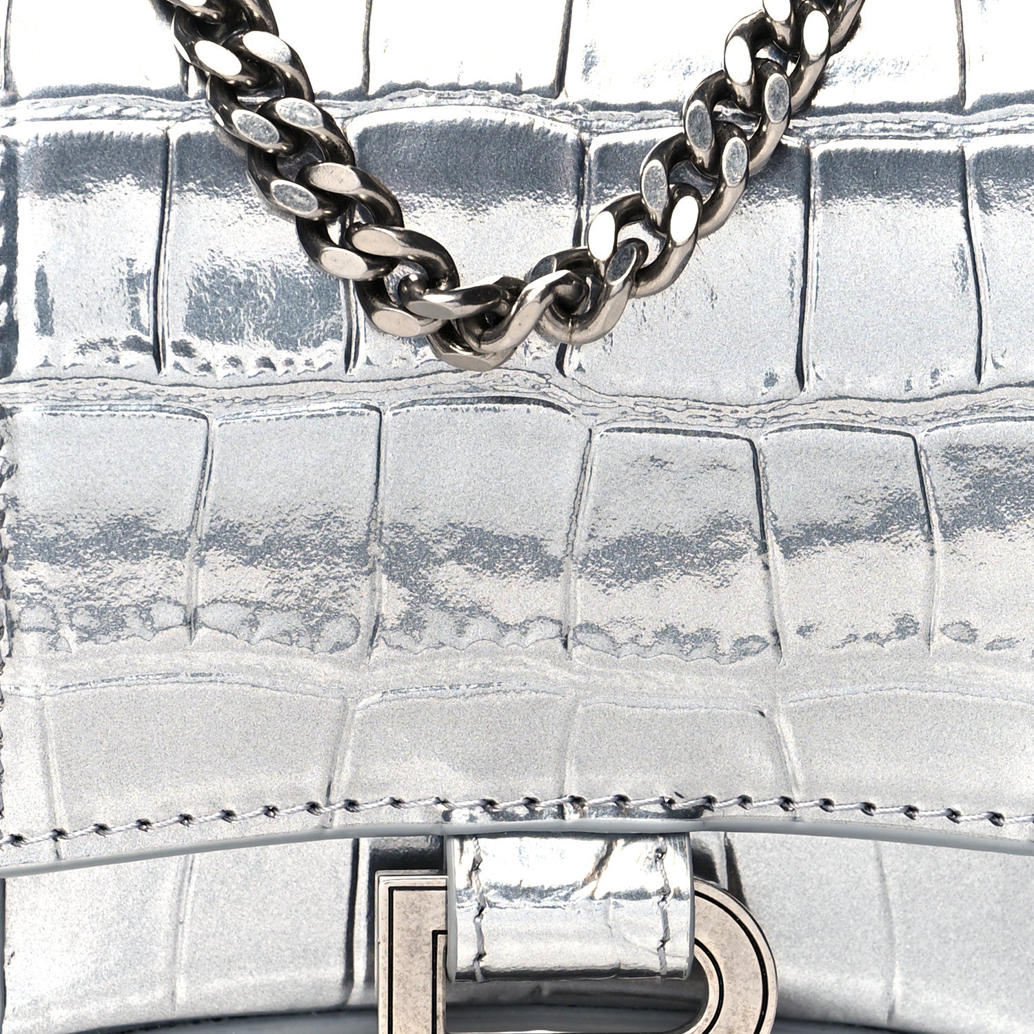 Balenciaga Metallic Calfskin Crocodile Embossed Hourglass Chain Bag Silver 6 of 8