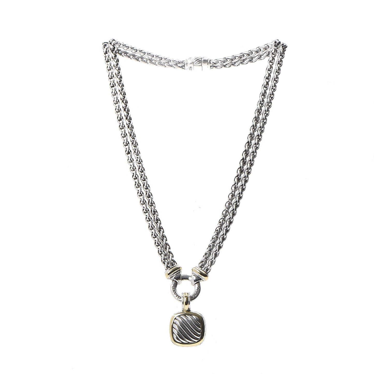 Sterling Silver 18K Yellow Gold Double Wheat Chain Carved Cable Pendant Necklace
