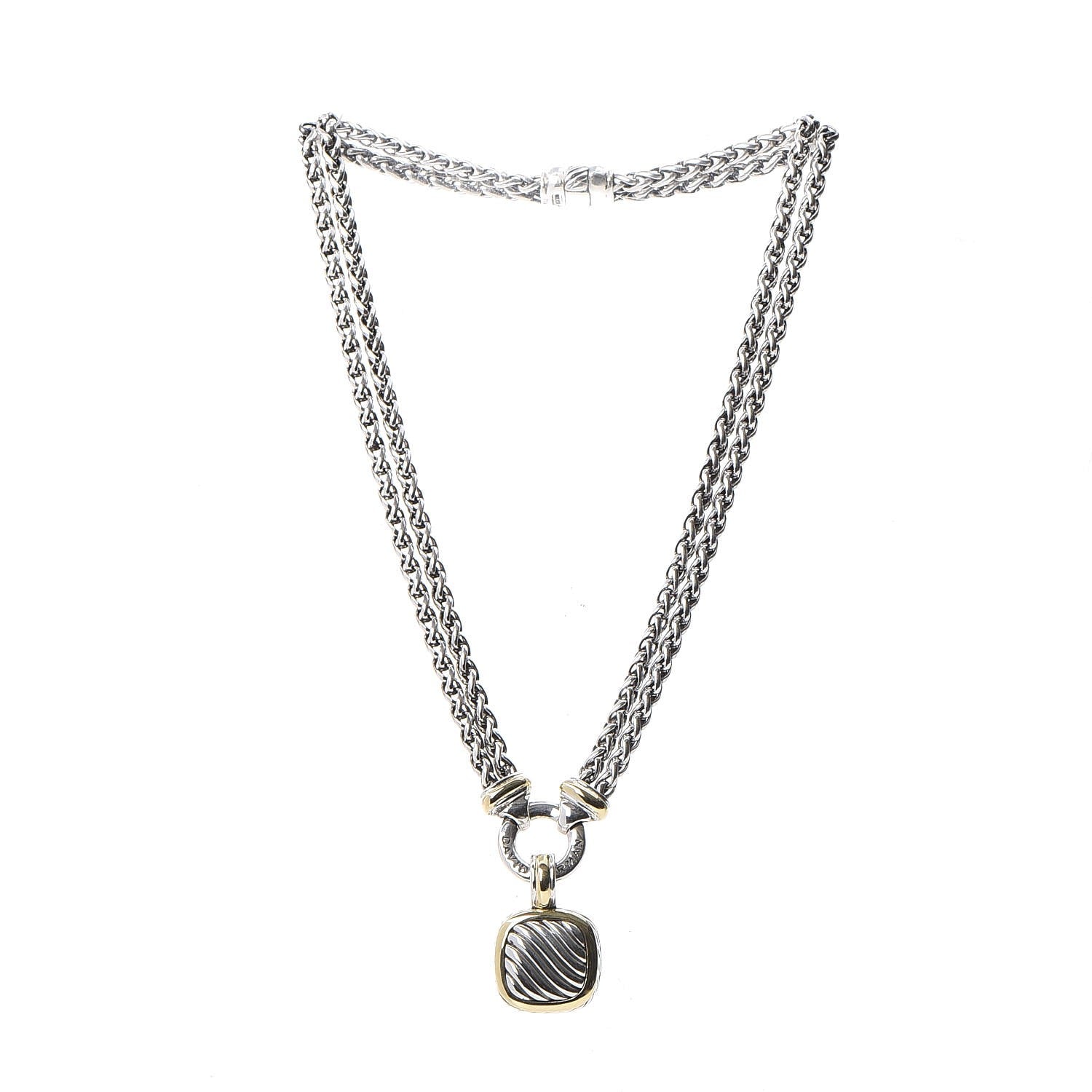 David Yurman Sterling Silver 18K Yellow Gold Double Wheat Chain Carved Cable Pendant Necklace 5 of 8