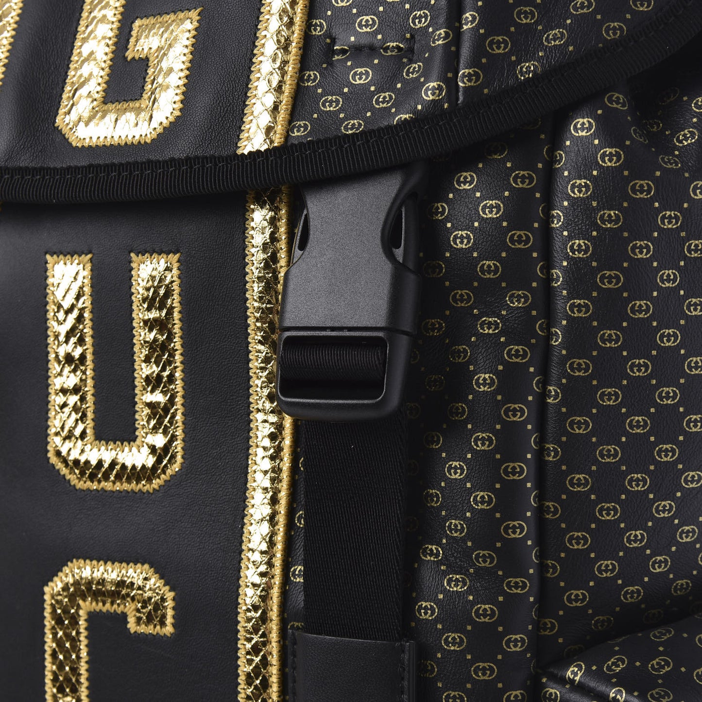X DAPPER DAN Calfskin Laminated Ayers GG Micro Monogram Double Buckle Backpack Black Gold