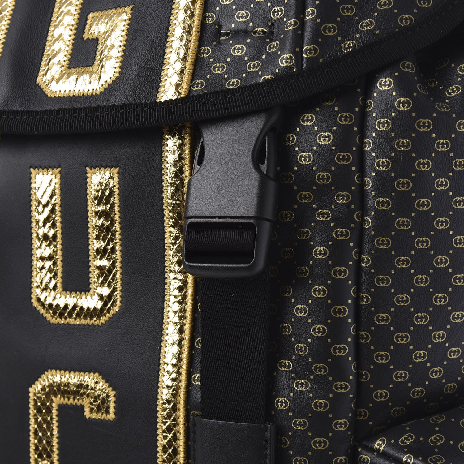 Gucci X DAPPER DAN Calfskin Laminated Ayers GG Micro Monogram Double Buckle Backpack Black Gold 13 of 19