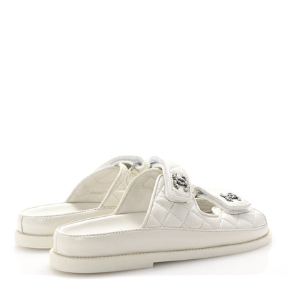 Chanel Lambskin Quilted Velcro Dad Chain CC Slide Sandals 37.5 White 5 of 9