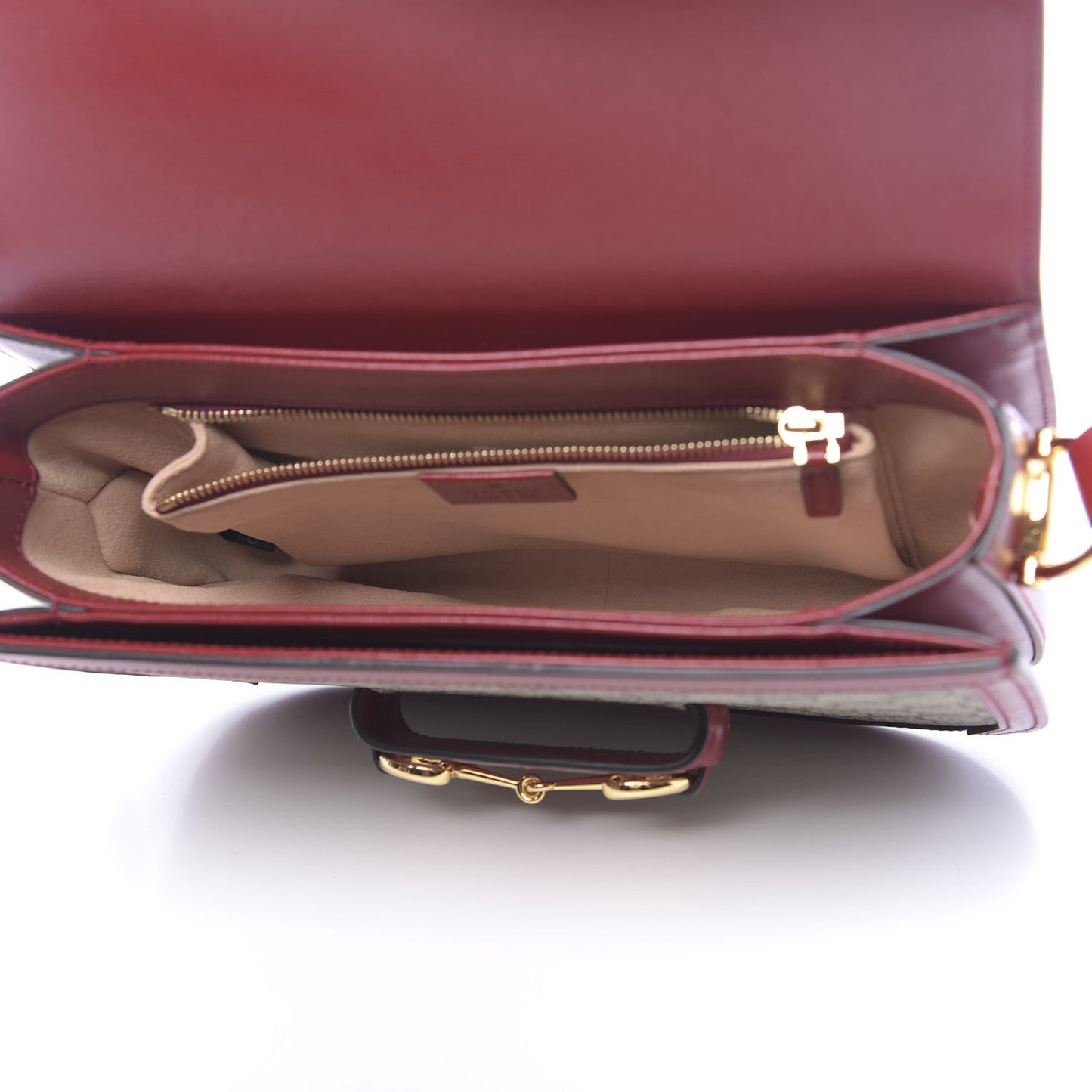 GG Supreme Monogram Azalea Calfskin Horsebit 1955 Shoulder Bag Beige Ebony New Cherry Red