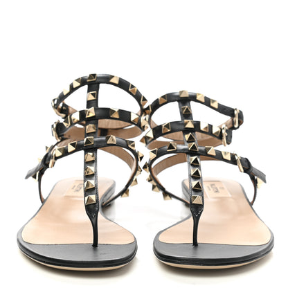 Valentino Garavani Calfskin Rockstud Ankle Wrap Flat Thong Sandals 36 Black 2 of 11
