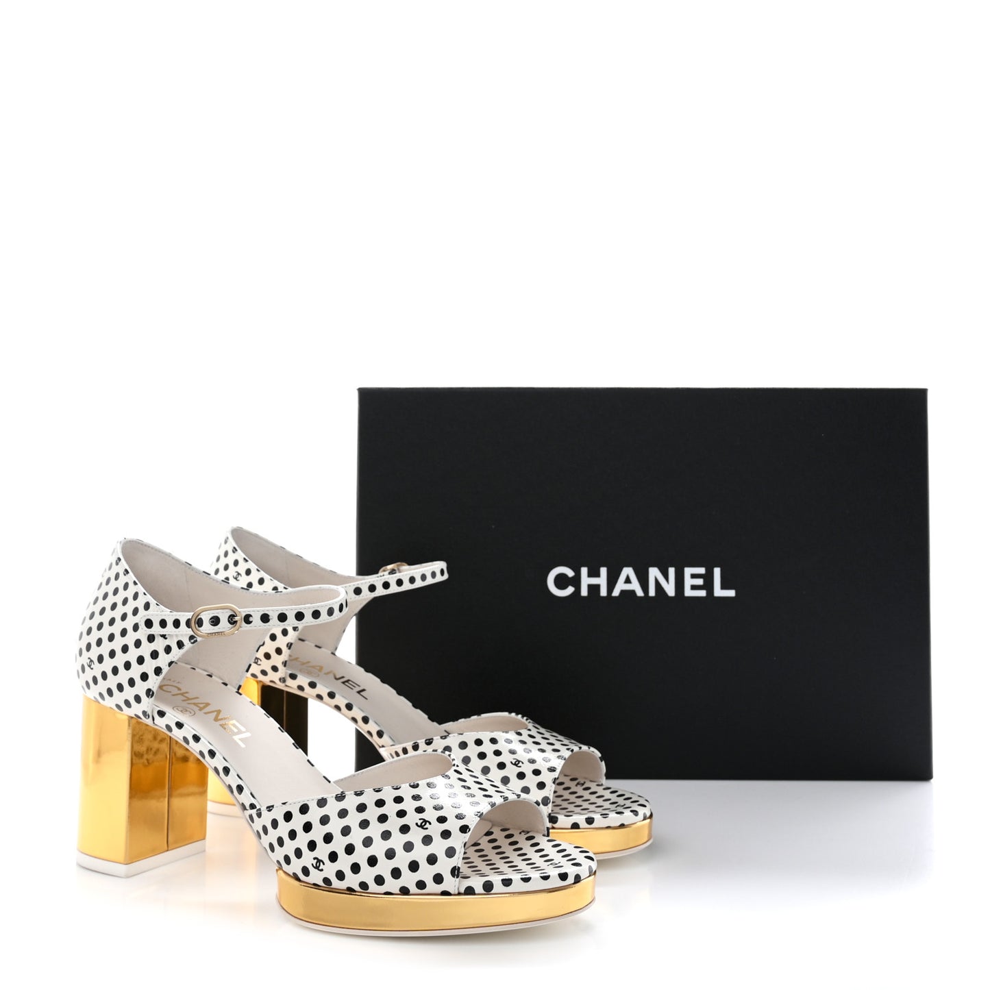 Printed Calfskin Polka Dot CC Platform Sandals 38 Ivory Black