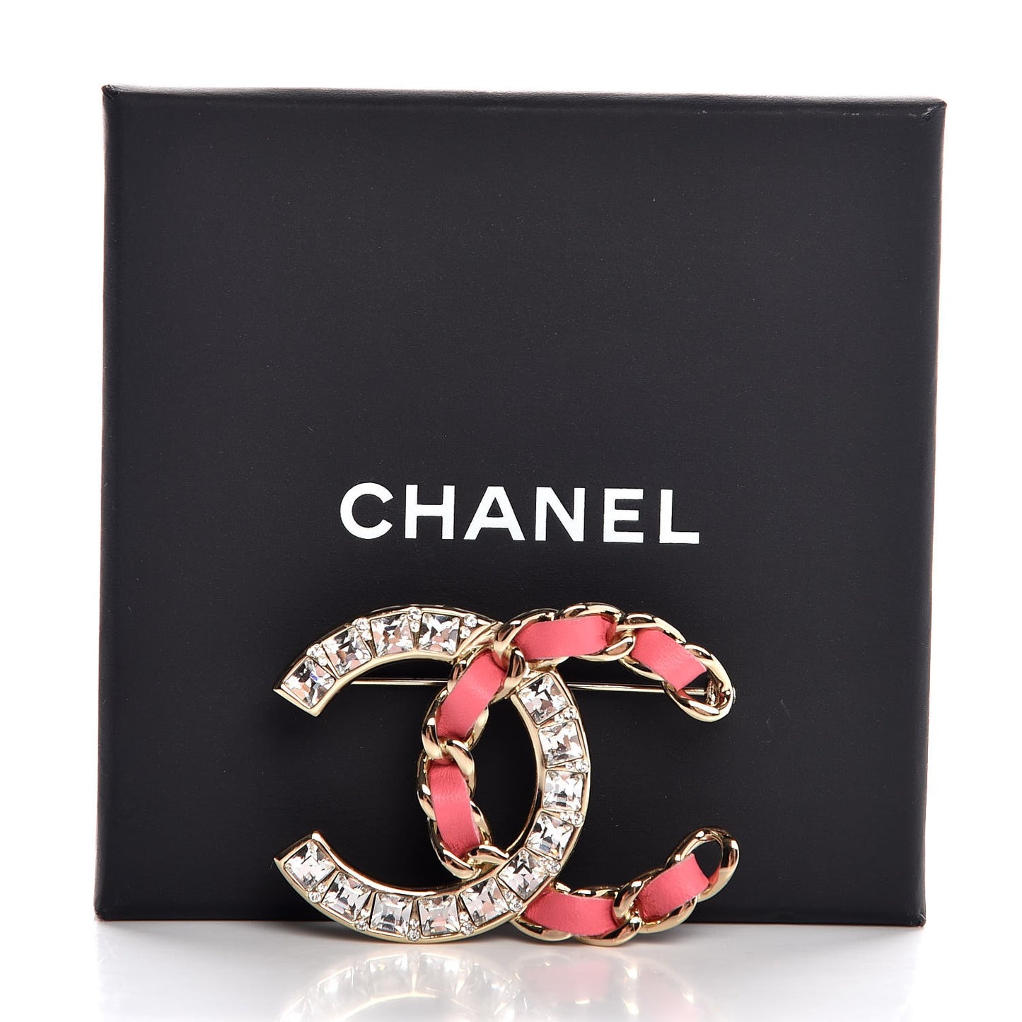 Lambskin Baguette Crystal CC Chain Brooch Pink Gold