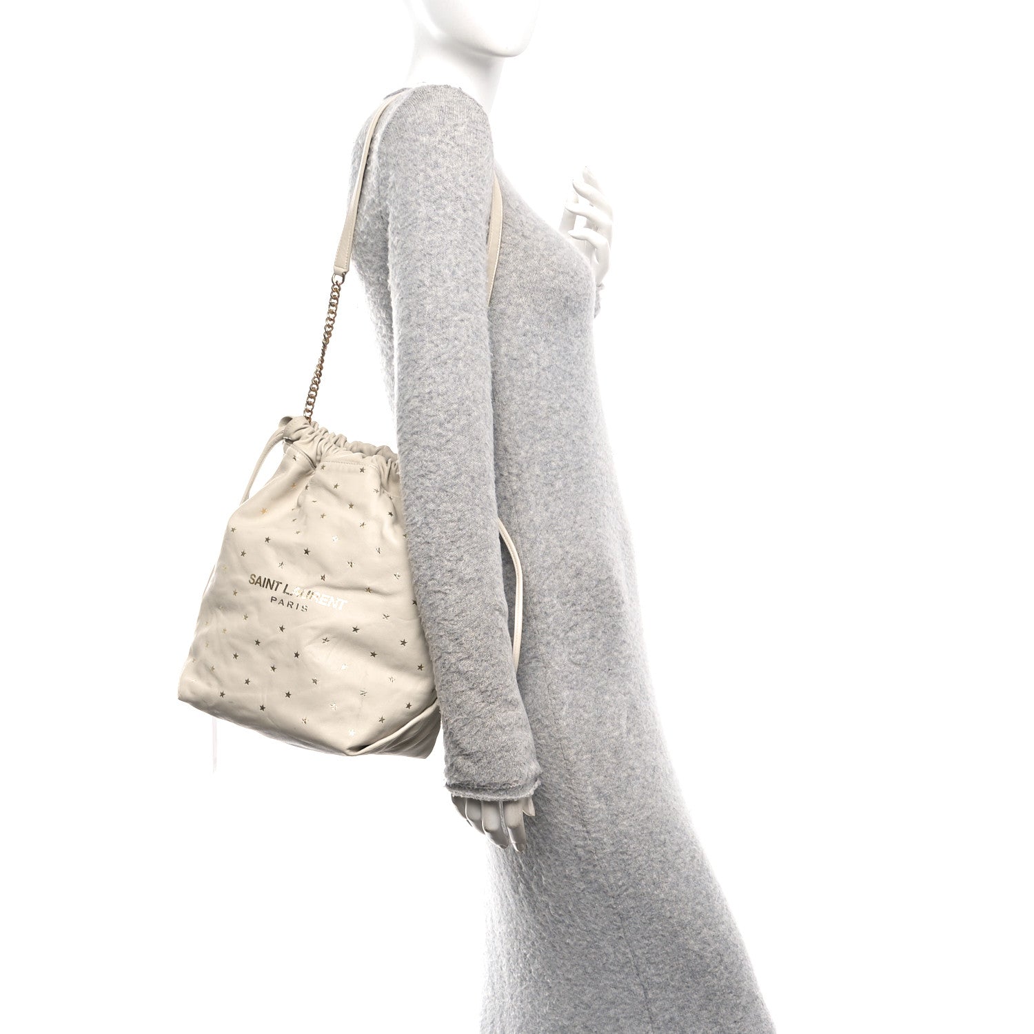 Saint Laurent Lambskin Star Printed Teddy Drawstring Bag White 2 of 12