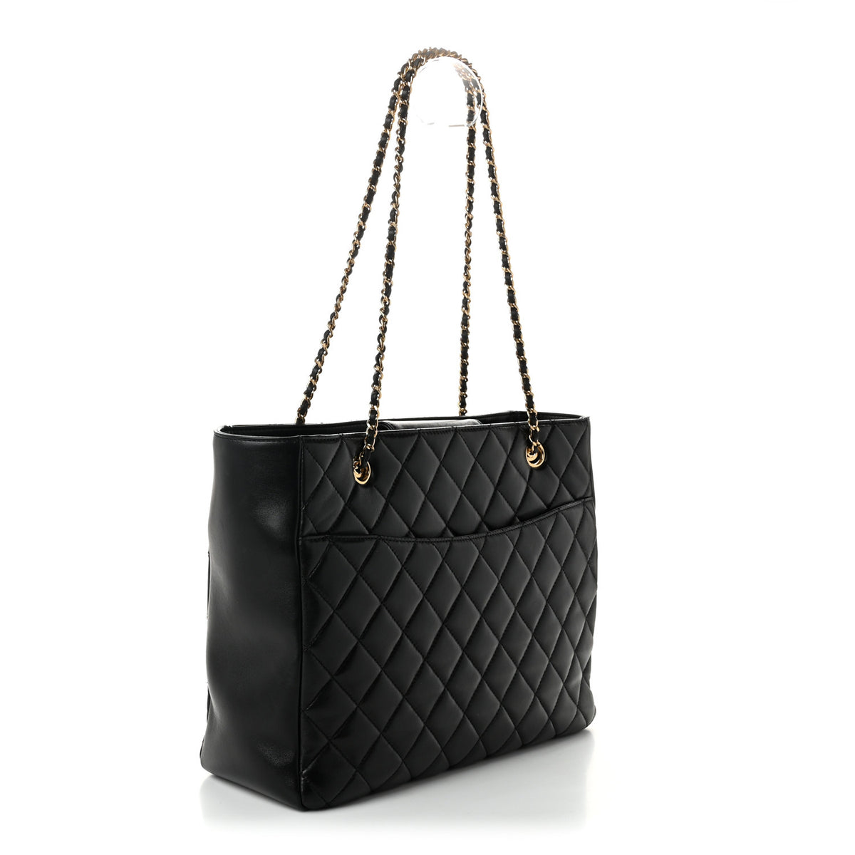 Shiny Lambskin Quilted Medium Shopping Tote Black