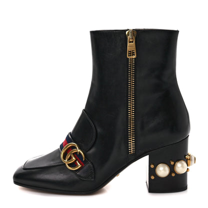 Gucci Betis Glamour Calfskin Web Pearl Embellished Peyton 75mm Ankle Boots 39.5 Black 1 of 10