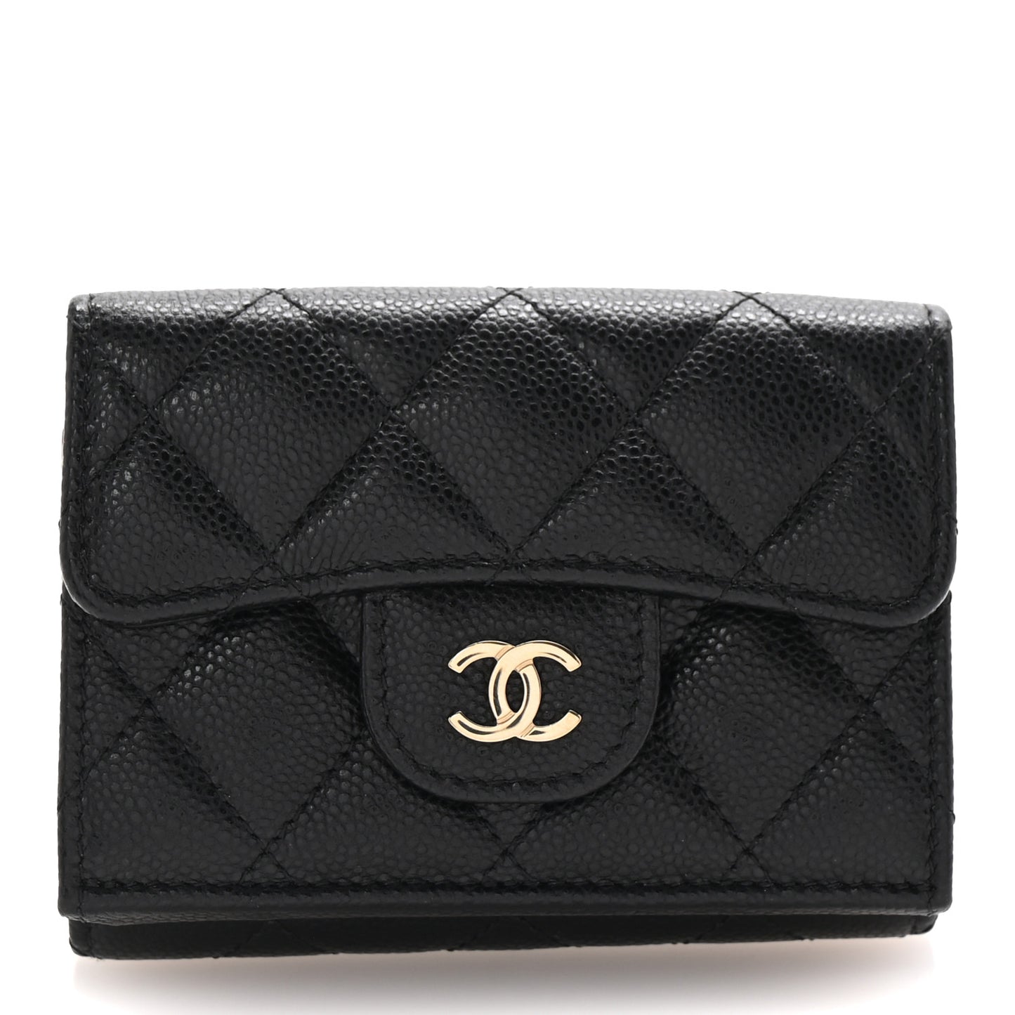 Caviar Quilted Tri-Fold Flap Wallet Black