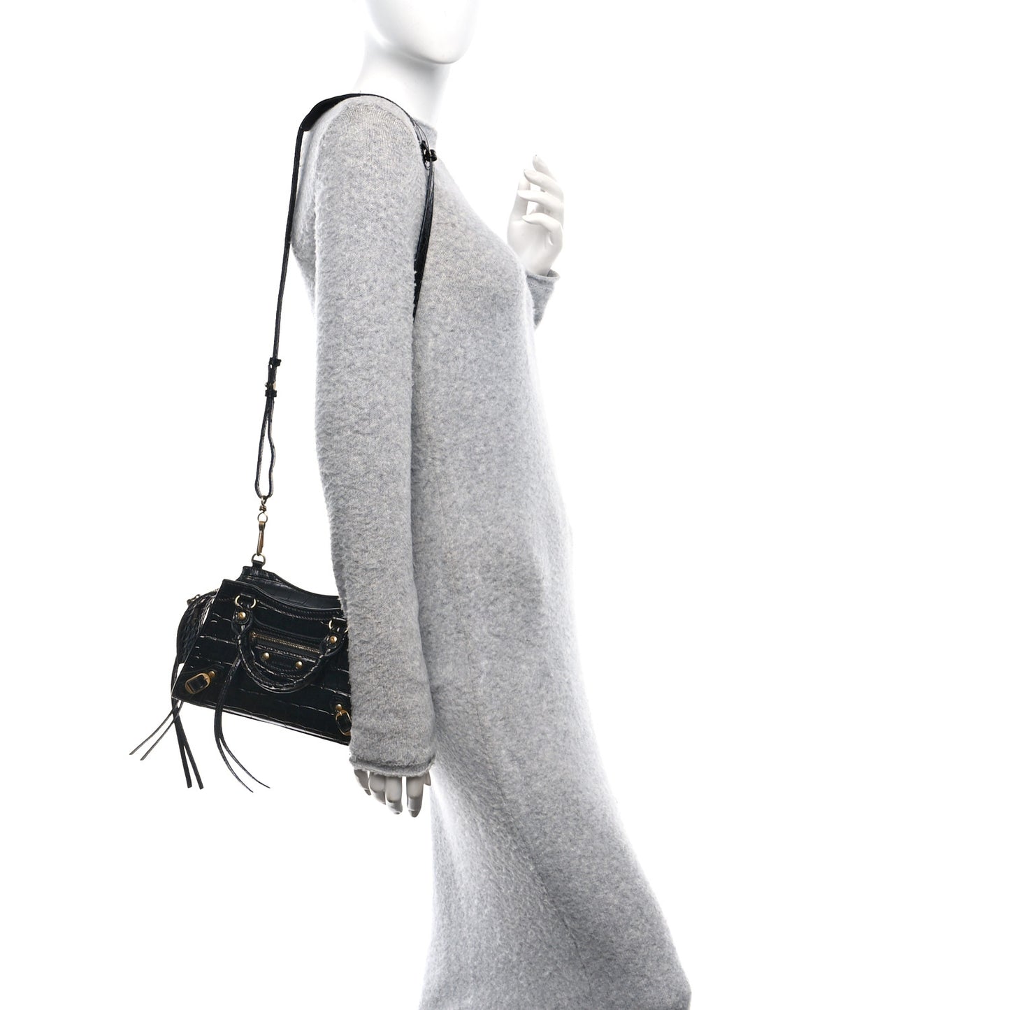 Shiny Supple Calfskin Crocodile Embossed Neo Classic Gold Hardware Mini City Black