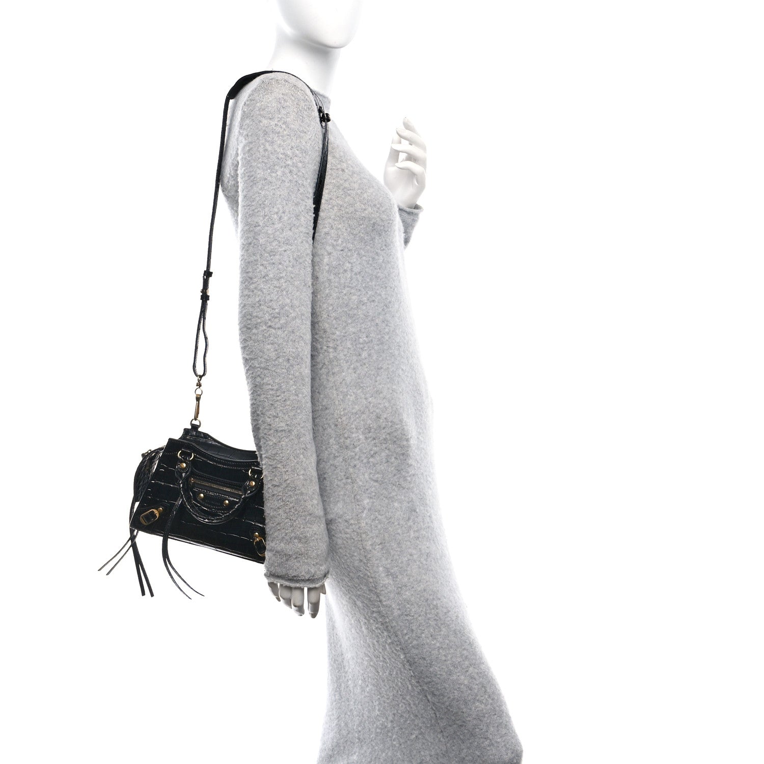 Balenciaga Shiny Supple Calfskin Crocodile Embossed Neo Classic Gold Hardware Mini City Black 2 of 11