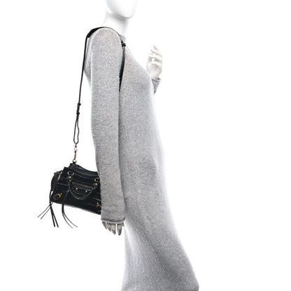 Balenciaga Shiny Supple Calfskin Crocodile Embossed Neo Classic Gold Hardware Mini City Black 2 of 11
