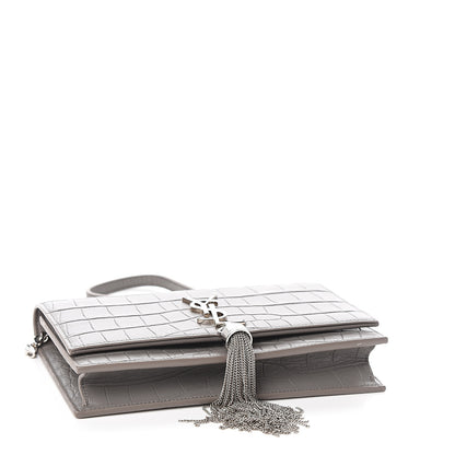 Saint Laurent Calfskin Crocodile Embossed Kate Monogram Tassel Chain Wallet Fog 3 of 9
