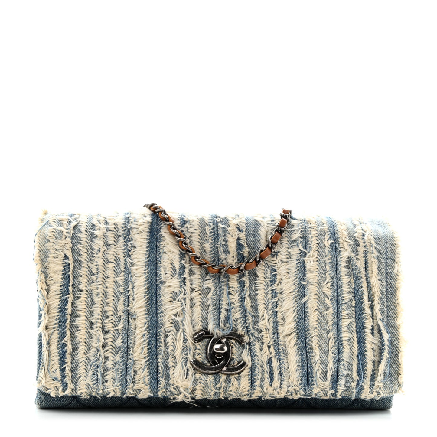 Denim Fringe Medium Single Flap Bag Blue